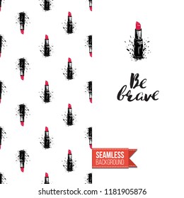 Makeup artist promo card flyer. Vector template greeting card with fashion seamless pattern, text: be brave. Make up tools cosmetic accessory background, motivation quote