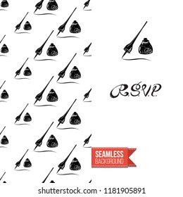 Makeup artist promo card flyer. Vector template greeting card with fashion seamless pattern, text: rsvp. Make up tools cosmetic accessory background, motivation quote