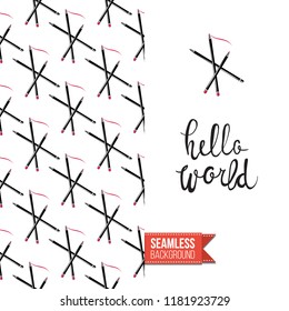 Makeup artist promo card flyer. Vector template greeting card with fashion seamless pattern, text: hello world. Make up tools cosmetic accessory background, motivation quote
