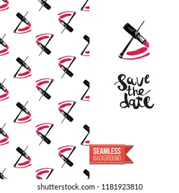 Makeup artist promo card flyer. Vector template greeting card with fashion seamless pattern, text: save the date. Make up tools cosmetic accessory background, motivation quote