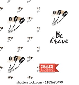 Makeup artist promo card flyer. Vector template greeting card with fashion seamless pattern, text: be brave. Make up tools cosmetic accessory background, motivation quote