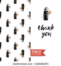 Makeup artist promo card flyer. Vector template greeting card with fashion seamless pattern, text: thank you. Make up tools cosmetic accessory background, motivation quote