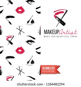 Makeup artist promo card flyer. Vector template greeting card with fashion seamless pattern, text: make you beautiful today. Make up tools cosmetic accessory background, motivation quote