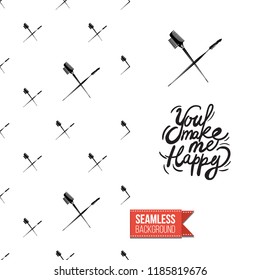 Makeup artist promo card flyer. Vector template greeting card with fashion seamless pattern, text: you make me happy. Make up tools cosmetic accessory background, motivation quote