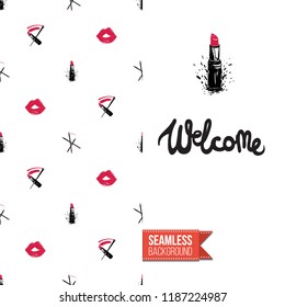 Makeup artist promo card flyer. Vector template greeting card with fashion seamless pattern, text: welcome. Make up tools cosmetic accessory background, motivation quote