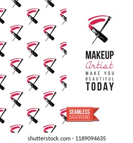 Makeup artist promo card flyer. Vector template greeting card with fashion seamless pattern, text: makeup artist make you beautiful. Make up tools cosmetic accessory background, motivation quote