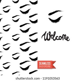 Makeup artist promo card flyer. Vector template greeting card with fashion seamless pattern, text: welcome. Make up tools cosmetic accessory background, motivation quote