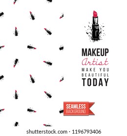 Makeup artist promo card flyer. Vector template greeting card with fashion seamless pattern, text: makeup artist make you beautiful. Make up tools cosmetic accessory background, motivation quote