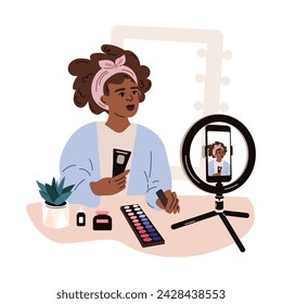 A make-up artist reviews cosmetic products on live streaming. A female vlogger who sells beauty products online. Video blogging concept. Vector flat cartoon illustration.