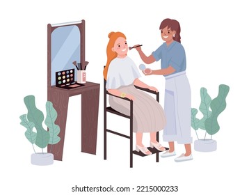 Makeup artist service 2D vector isolated illustration. Beauty salon flat characters on cartoon background. Facial cosmetics application colourful editable scene for mobile, website, presentation