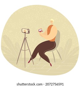 Makeup artist is streaming from home. Online review of cosmetics from visagist. Beauty blogger creates content for his blog. Cartoon vector illustration