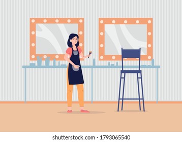 Makeup artist in studio interior - cartoon woman in backstage room or beauty salon with lightbulb mirrors and seat. Vector illustration of make up professional.