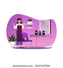 Make-up artist, stylist working in Beauty salon. Vector flat illustration. Cartoon stylish studio pink interior, fashion service isolated in decorative frame