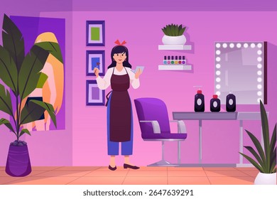 Make-up artist, stylist working in Beauty salon. Vector flat illustration. Cartoon stylish studio pink interior, fashion service. Chair, mirror, professional accessories and equipment