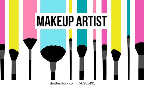 Makeup artist template business card. Colorful striped background with fashion silhouette of black makeup brushes set stroke and smeared. Banners for cosmetics. Vector illustration of beauty