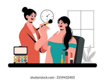 Makeup Artist Vector Illustration featuring a Professional Makeover Session with Clients Undergoing Beauty Procedures in a Flat Style Background