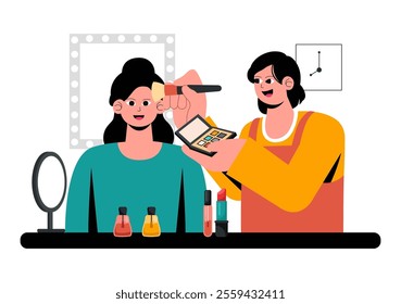Makeup Artist Vector Illustration featuring a Professional Makeover Session with Clients Undergoing Beauty Procedures in a Flat Style Background