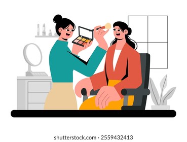 Makeup Artist Vector Illustration featuring a Professional Makeover Session with Clients Undergoing Beauty Procedures in a Flat Style Background