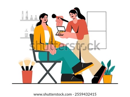 Makeup Artist Vector Illustration featuring a Professional Makeover Session with Clients Undergoing Beauty Procedures in a Flat Style Background