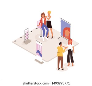 Makeup artist and woman at commercial promotional stand of cosmetics product. Promoter, seller or consultant talking to customer. People at trade fair. Colorful isometric vector illustration.