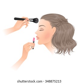 Make-up artist's hands applying the make-up. Isolated vector illustration.