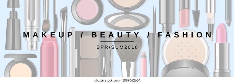 Makeup background with 3d realistic vector face cosmetic products. Advertising template for beauty event, store, blog, collection. Packaging of powder, brush, lipstick, eyeliner isolated.