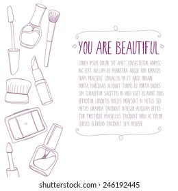 Makeup background with cosmetic tubes, tools, nail polish, lipstick, brushes. Vector layout with copy space. 