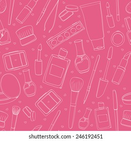 Makeup background with cosmetic tubes, tools, nail polish, lipstick, brushes and other. Seamless vector texture. 