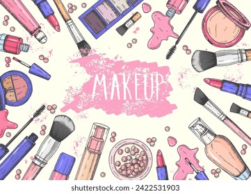 Makeup background with hand drawn lipstick, eyeshadow, lip gloss, powder, brush, cream, foundation, mascara, nail polish, gel polish, blush in balls, blush. Vector illustration 