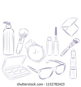 Makeup background. Illustrations with different accessories for beauty.  Makeup on a white background. Vector pattern for beauty design. Design cover, banner, booklet, template, discount, card, flyer