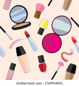 Makeup background. Seamless background. Feminine pattern. Makeup pattern. Cosmetics. Fashion pattern. Beauty products. Feminine design.