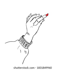 Makeup background, sketch style, female hand holding lipstick. Vector illustration isolated on white background