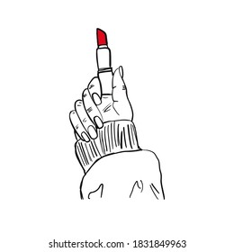 Fundo de maquiagem, estilo de esboço, mão feminina segurando batom. Ilustração vetorial isolada no plano de fundo branco