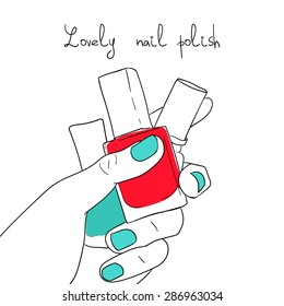Makeup background, sketch style, female hand holding polish