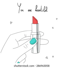 Makeup background, sketch style, female hand holding lipstick