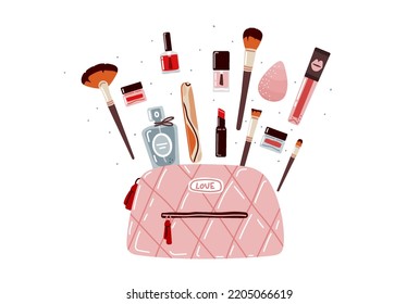 Makeup bag or pouch with decorative cosmetics on white background.Perfume,brushes for makeup,eye shadows in small jars,lipstick and nail file in pastel pink for female.Flat vector illustration