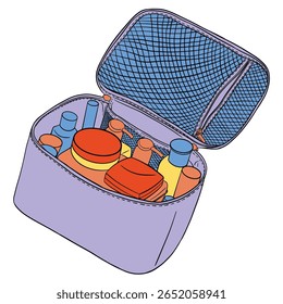 Makeup Bag with makeup supplies. Hand drawn colorful digital illustration. Sticker for printing. High resolution. Vector EPS10 and IPG