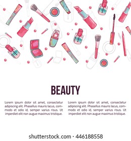 Makeup banner with brush, lipstick, mascara, eyeshadow and lip gloss on white background for beauty salons.