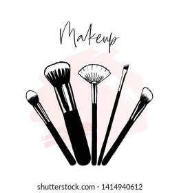 Makeup banner with brushes, template for makeup artist. Hand drawn vector illustration