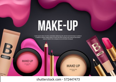 Makeup Banner Or Card Template. Cosmetic Background With Beauty Products