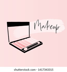 Makeup banner with eyeshadow palette, template for makeup artist. Hand drawn vector illustration