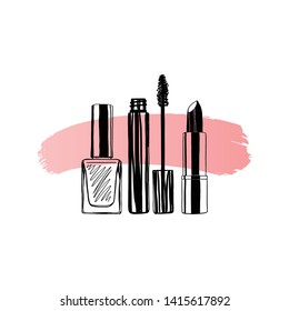 Esmalte de uñas, mascara, pintalabios. Ilustración vectorial dibujada a mano