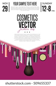 Makeup banner. Professional master class, fashion cosmetic product presentation advertisement. Beauty training course booklet or leaflet vector. Illustration with makeup artist tool and text
