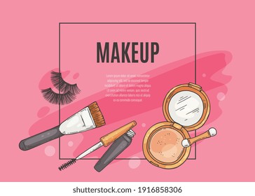 Makeup banner template with cosmetics and makeup tools in hand drawn sketch style vector illustration. Makeup artist or beauty salon advertising banner.