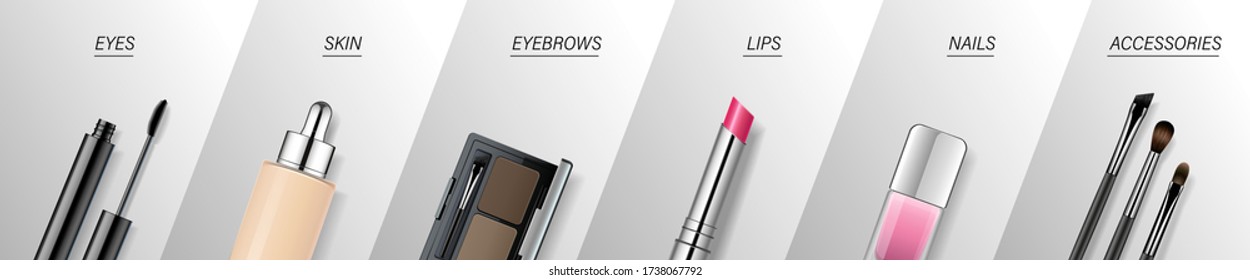 Makeup banner template for online beauty store. Background concept with face cosmetic products and  categories for web design. Vector advertising mock up. Online shopping navigation.