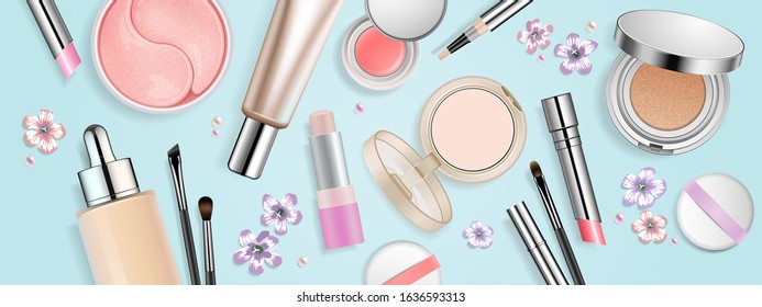 Makeup banner template. Poster design with beauty products and spring flowers on pastel background. Vector ad design for online store, blog. Light cosmetic packaging mock up.