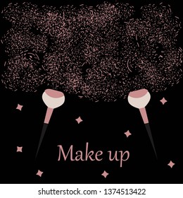 makeup banter, poster with makeup brushes, pink powder with stars on black background, glamour and fashion.