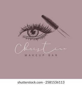 Makeup bar label design with lettering drawing in art line style on beige background