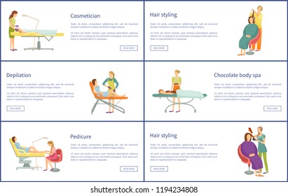 Makeup and barber hair styling posters set with text sample vector. professional people working in beauty industry with clients. Cosmetician procedure