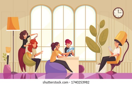 Makeup beautician stylist composition with beauty salon interior indoor scenery and female clients during cosmetic procedures vector illustration